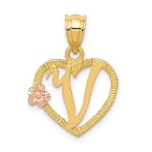 14k Two Tone Gold Grace Collection 15mm Heart Initial V Pendant